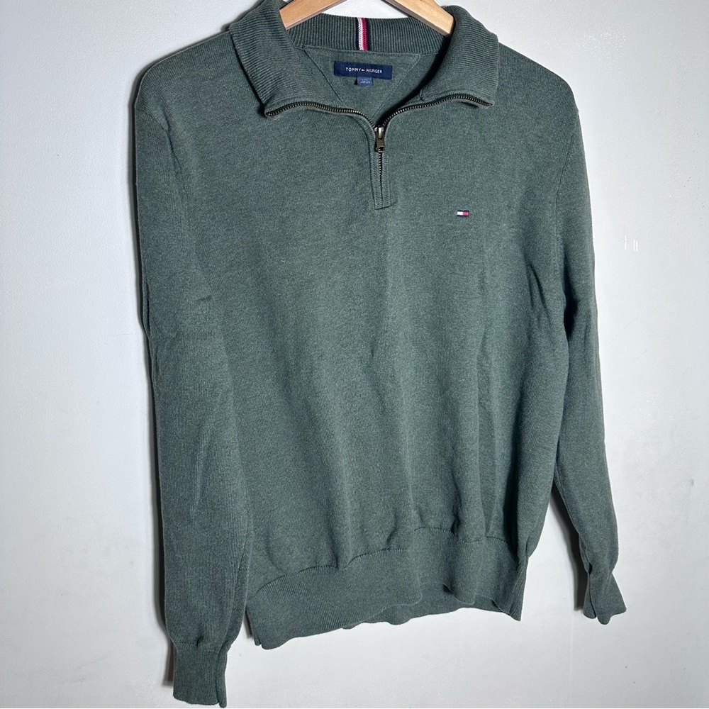Tommy Hilfiger Men's Olive Green Quarter Zip Sweater 100% Cotton